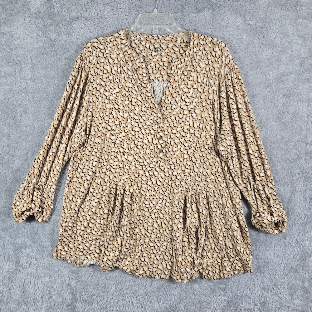Kim Rogers Animal Print Tunic Top Womens 1X Tan Black Button V-Neck Babydoll